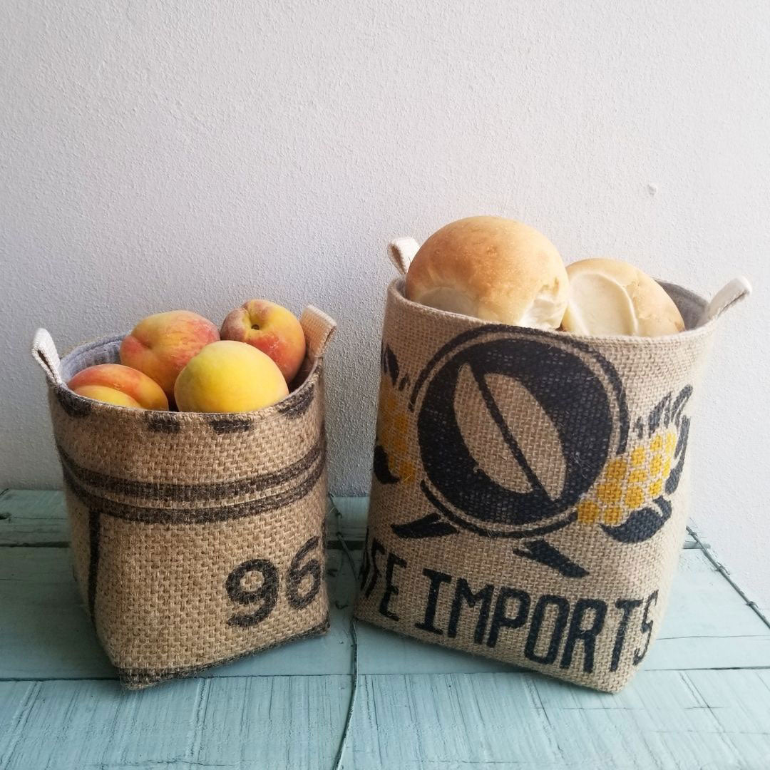 Upcycled Coffee Sack Baskets, small with peaches, large with bread rolls