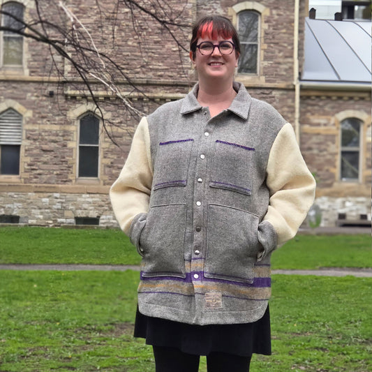 Upcycled Blanket Jacket - large - grey stripe/beige