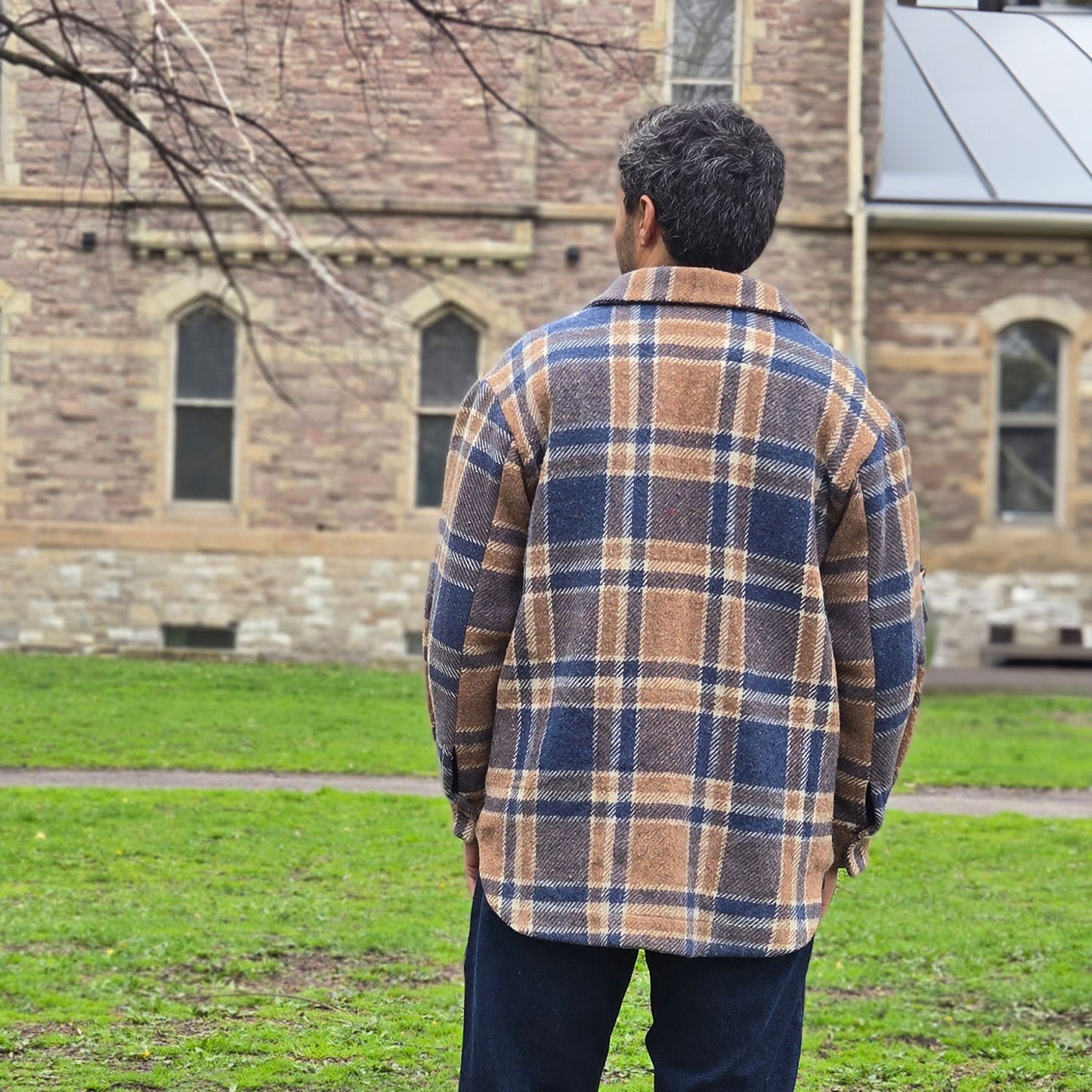 Upcycled Blanket Jacket - small - blue/brown plaid