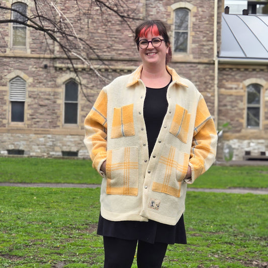 Upcycled Blanket Jacket - large - beige/hello plaid