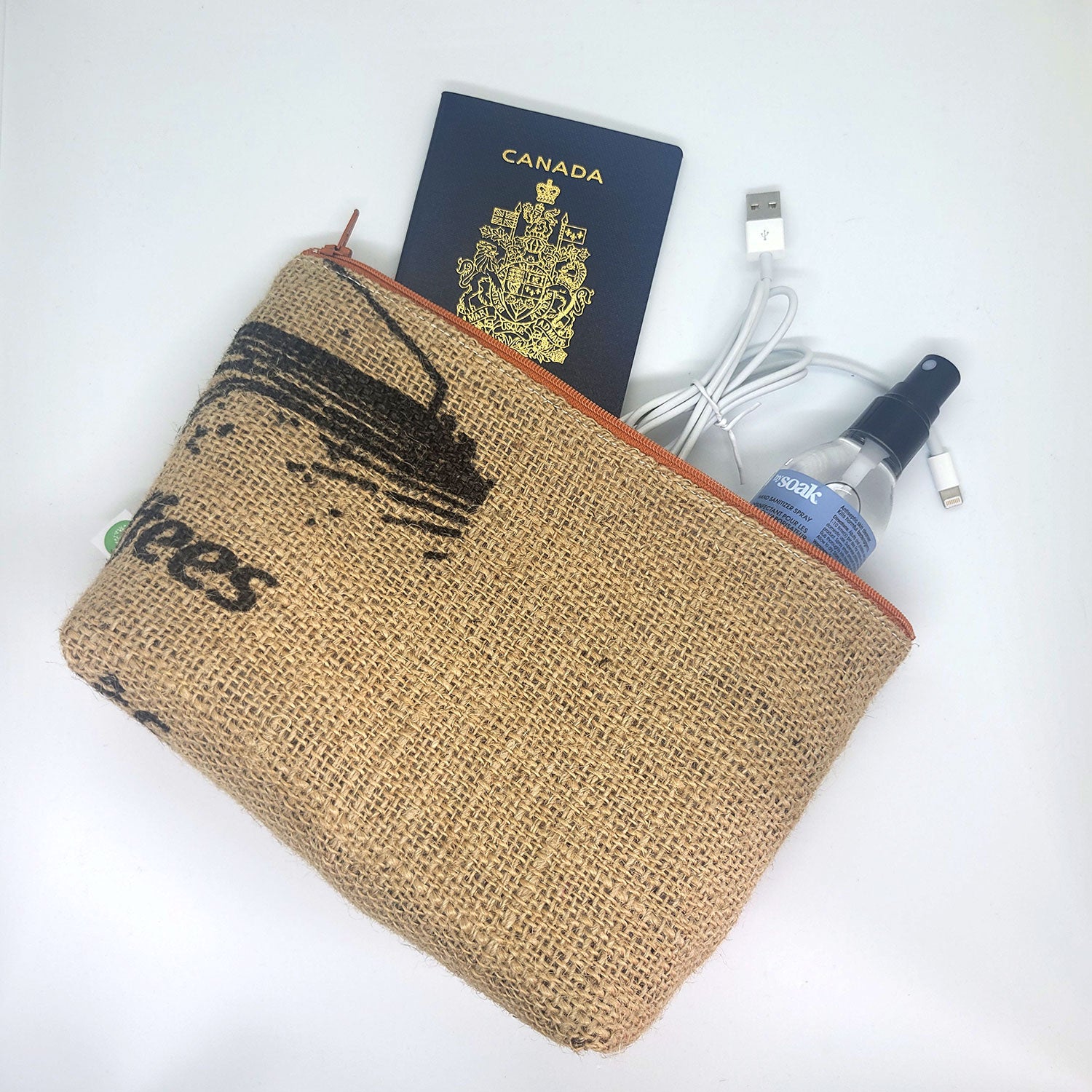upcycled coffee sack zipper bag for travel