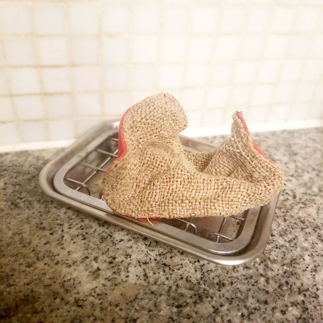 Upcycled Coffee Sack Dish Scrubber - in use on soap dish