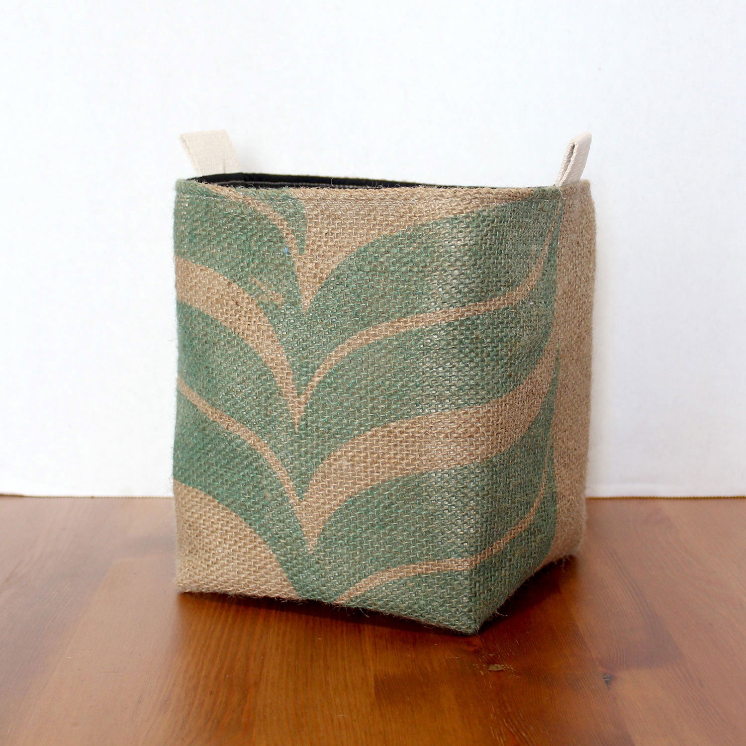 Upcycled Coffee Sack Basket - Medium - green leaves